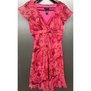 Women Dress 11/12 Pink Red Paisley Short Sleeve Babydoll Flowy Feminine Romantic